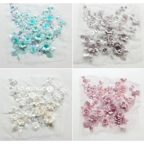 1Pc Grey White Lace Fabric 3D Flowers Beads Sequin Appliques Embroidery Mesh Sew Patch For Wedding Evening Dress Decoration DIY