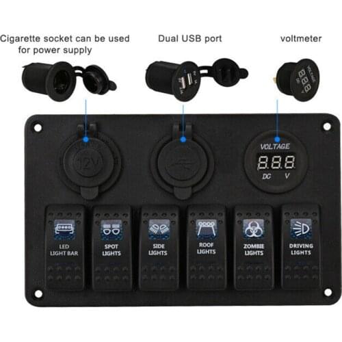 6 Gang ON-OFF Switch Panel Dual USB Slot Socket 12/24V Rocker Switch Toggle for Car SUV Marine RV Truck Camper Waterproof Blue