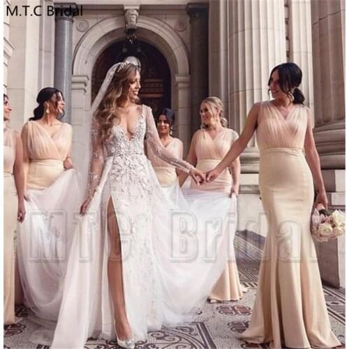 Champagne Mermaid Long Bridesmaid Dresses V Neck Pleat Tulle Plus Size Maid Of Honor Dress Wholesale Wedding Party Gowns Cheap
