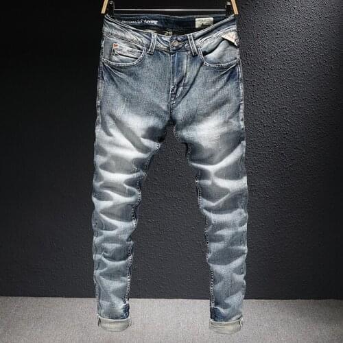 Italian Style Fashion Men Jeans High Quality Retro Gray Blue Elastic Cotton Ripped Jeans For Men Vintage Designer Denim Pants