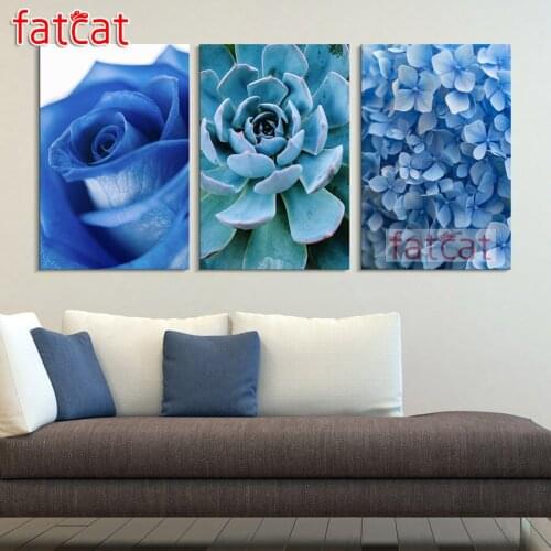 FATCAT 5D Diy Diamond Painting Blue flower triptych full square round drill mosaic diamond embroidery sale home decor AE1830