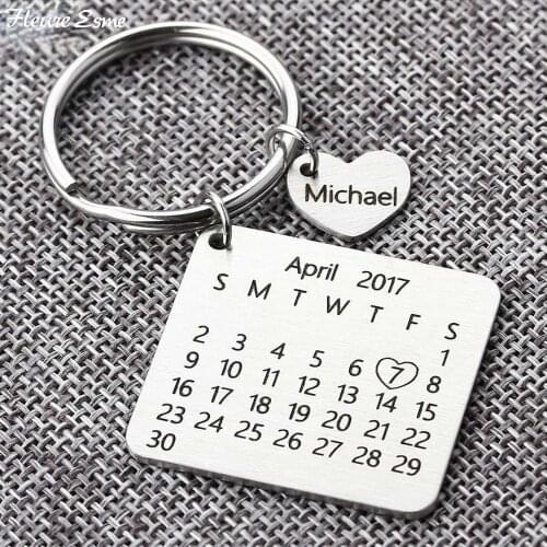 Personalized Calendar Keychain Hand Carved Calendar Keyring Customed Stainless Steel Keytag Birthday Wedding Anniversary Gift