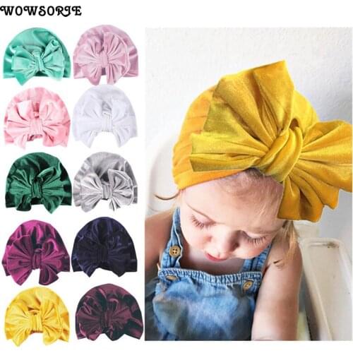 Girl Headwear Hat Bow Velvet Headscarf Indian Hat Cotton Yellow Velvet Knotted Children Solid Color Beanies OLN051H