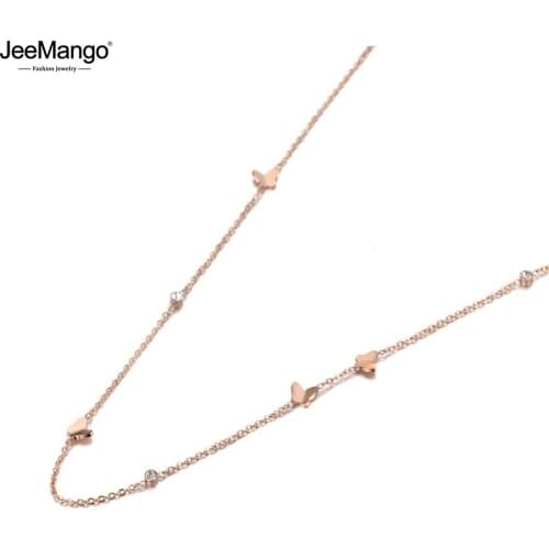 JeeMango Trendy Stainless Steel Butterfly CZ Crystal Choker Necklace Jewelry Lovely Pendant Chain Necklace For Women JN19119