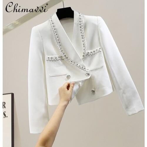 Heavy Beaded Diamond Double Pocket Short Blazer Suit 2021 Autumn New High-End and Fashion Long Sleeve Suit Temperament Coat