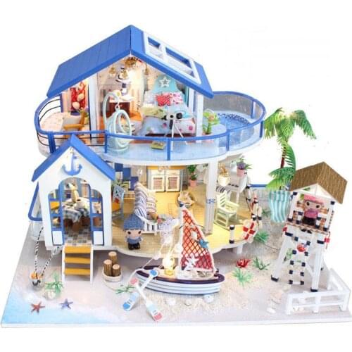 Diy Doll Wooden House Handmade Puppet House Handmade Furniture Simulation Villa Boy Girl Toy Birthday Gift Blue Ocean Legend