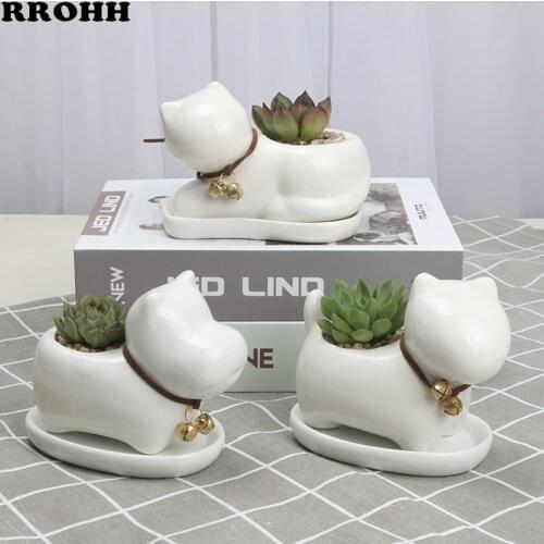 Mini Ceramic Flower Pot White Animals Dog Cat Green Succulent Planter Flowerpot Home Office Desktop Decor Bonsai