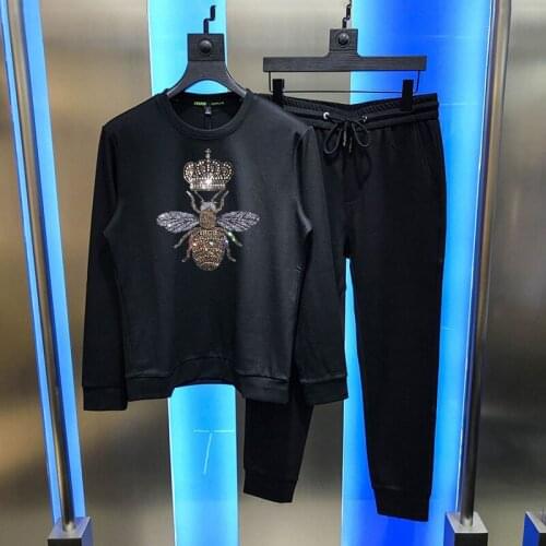 Men New Style Bee Crown Top + Trousers Oversized Sets Hip-Hop Pullover Diamond Brand Autumn And Winter Tracksuit