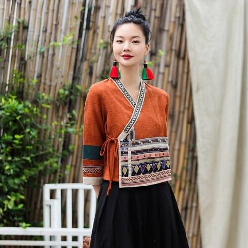 Chinese Style Clothing Women Hanfu Tang Suit Vintage Waistcoat Embroidery Cotton Linen Blouses 2021 Ladies Chinese Tops 11982