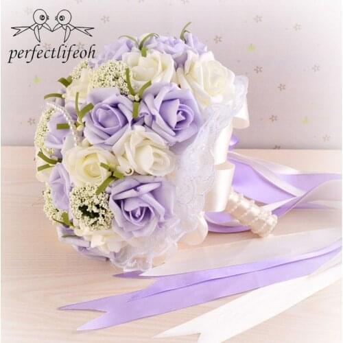 Perfectlifeoh Beautiful Purple Wedding Bouquet All Bridal Flower Wedding Bouquets Artificial Pearls Flower Rose ramos de novia