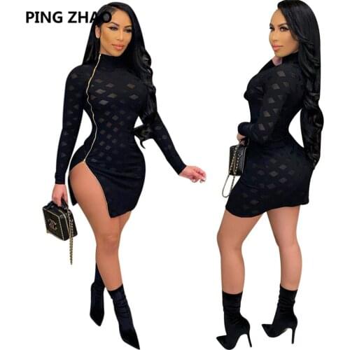 PING ZHAO Sexy Women Long Sleeve Hollow Out Black Bodycon Dress Side Zipper Split Transparent Club Party Short Dress