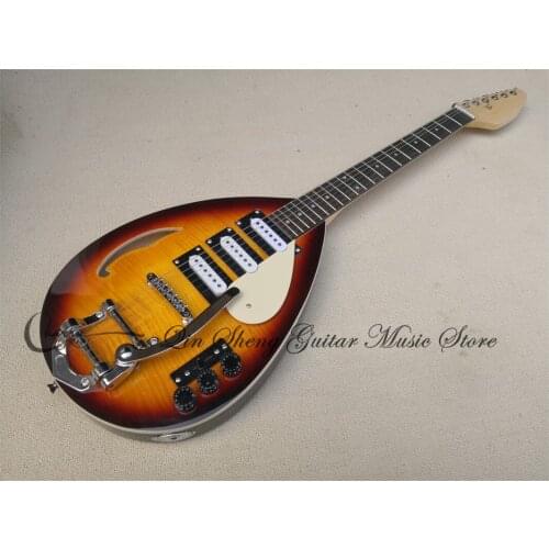 Custom 6 string water drop guitar,sunburst guitar,flamed maple veneer,tremolo bridge SSS pickups,white pickguard,trill rocker