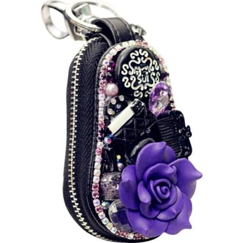 Rose Flower Shiny Rhinestone Inlaid Key Case Leather keychain cover Key Bag portable shining Zipper key holder Car Accessories