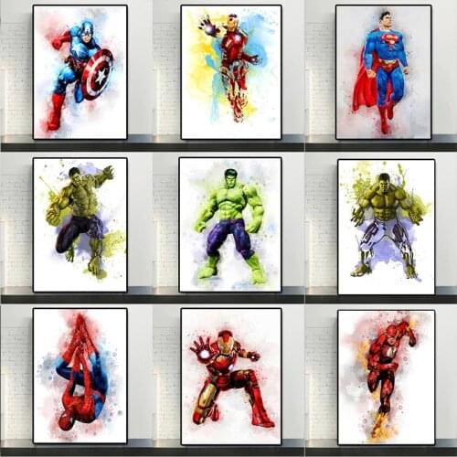 Marvel Watercolor Superhero Canvas Painting Cartoon Avengers Prints and Posters Wall Art Pictures for Living Room Decor Cuadros