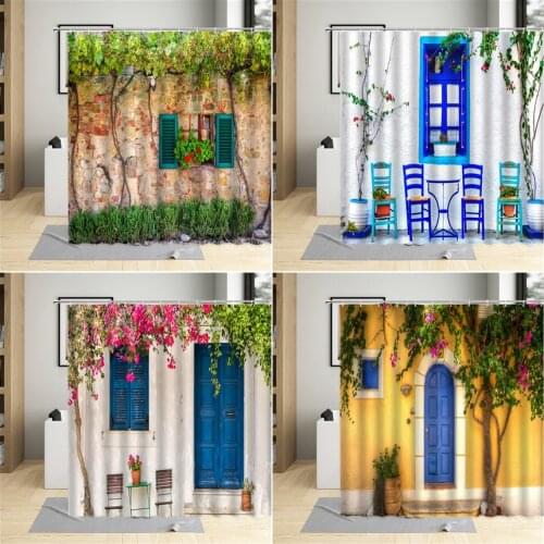 Garden Flower Shower Curtain Small Town Stone Wall Window Door Plant Landscape Pattern Bathroom Decor Polyester Cloth Curtain Se