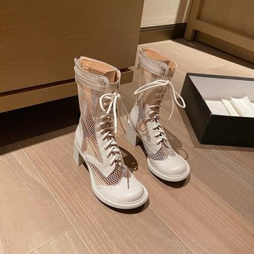 MEZEREON Women Hollow Shoes Breathable Mesh Leather Summer Boots Round Toe Zipper Thigh High Boots Rome Gladiator Sandals