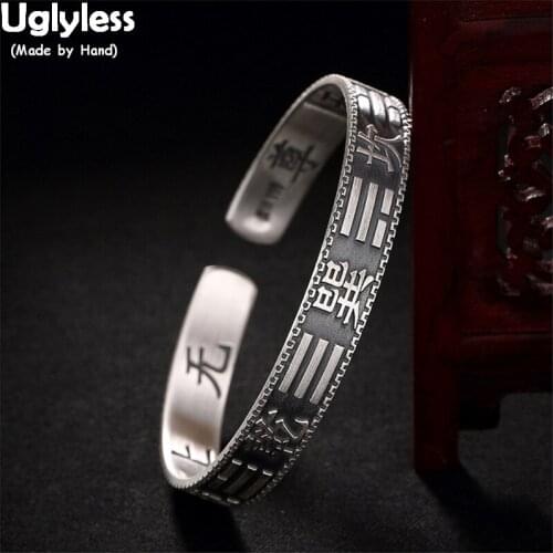Uglyless Taoism 8 Orientations Thai Silver Bangles Unisex Men Women Solid 99.9% Full Silver Open Bangles Buddhism Gifts Jewelry
