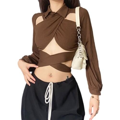 2021 Fashion Sexy Hollow Out Lady Blouse Women Long Sleeve Backless Bandage Crop Top Holiday Spring Autumn Sexy Casual Shirt