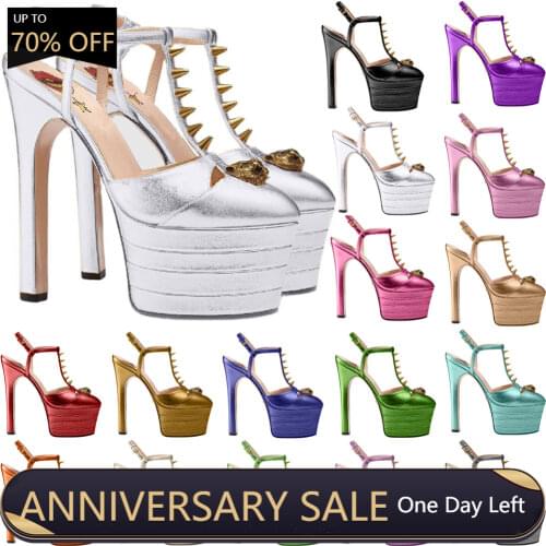 Women Chunky High Heels T Strap Rivet Sandals Sexy Round Toe Evening Party Shoe Platform Popular Ball Summer Lady Sandals D-SL-2