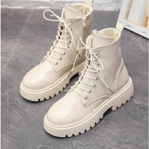 Combat Boots Women Leather Motorcycle Boots Thick Bottom Gothic Shoes Winter Warm Fashion Black Beige Ankle Boots Botas De Mujer