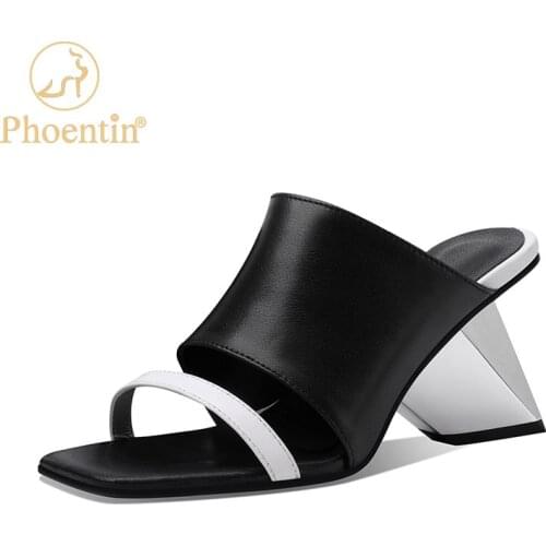 Phoentin women black modern slippers 2021 summer high heels outside slippers female genuine leather Hit color Mules shoes FT1494