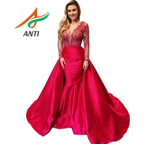 ANTI Red Long Sleeves Evening Dresses 2019 Sequined Backless Deep V Neck Formal Evening Long Dress Prom Gowns Robe Soiree Longue