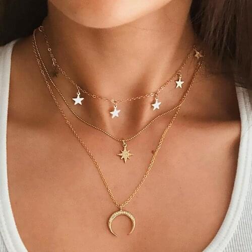 FNIO Vintage Multilayer Choker Necklaces For Women Gold Color Moon Star Horn Crescent Coin Crystal Pendant Necklace Jewelry 2020