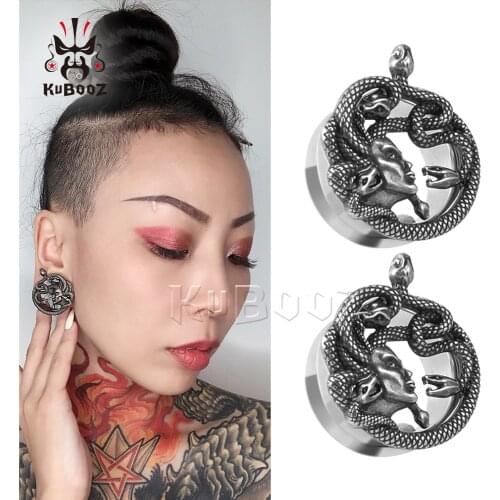 KUBOOZ Unique Stainless Steel Woman Snake Head Ear Piercing Plugs Stretchers Body Jewelry Earring Gauges Tunnels Expanders 2PCS