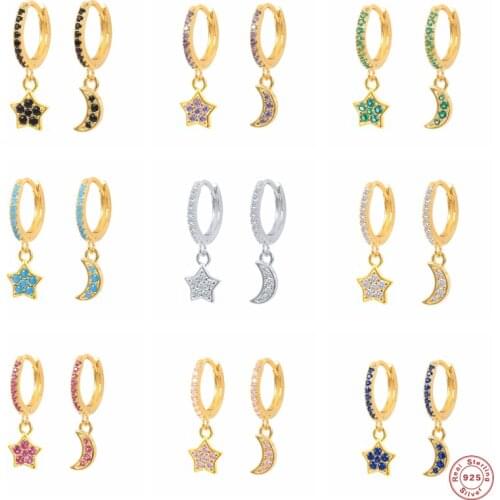 GS 925 Sterling Silver Colored Zircon Star Moon Charm Small Hoop Earrings For Women Luxury 2021 Trend Jewelry kolczyki damskie