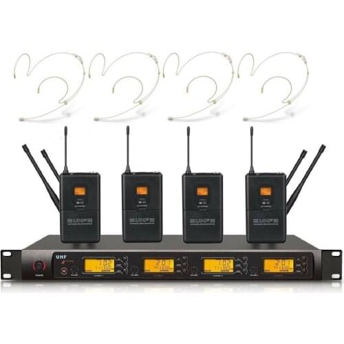 Wireless Microphone System UHF Pro 4 Channel Cordless Headset Microphone System
