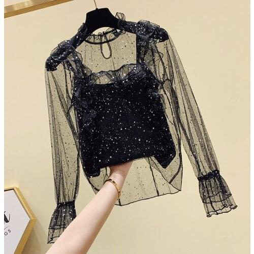 Shine See Through Mesh Chiffon Women Blouse Summer Black Flare Sleeved Ruffles Elegant Office Lady Pulls Outwear Tops