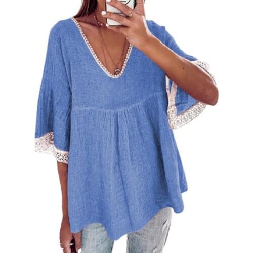 Women Blouse Summer Stylish Cotton Flax Splicing V-neck Lace Tops Elbow Sleeve Female Shirt Elbow Sleeve Women Shirt Blouse