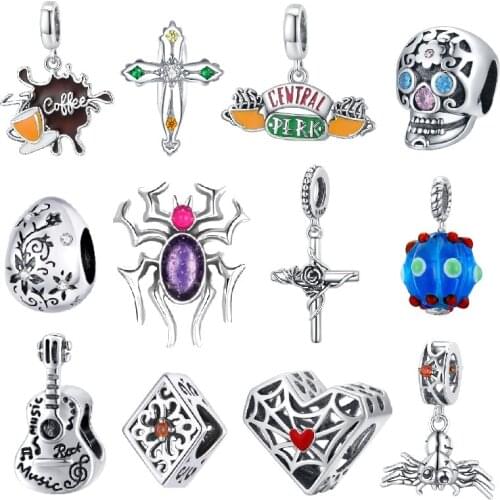 BISAER 925 Sterling Silver Rock Style Spider Hollow skull Guitar Charms Bead For Original DIY Bracelet Jewelry Making EFC524