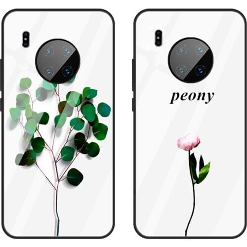 Tempered Glass Case For Huawei Mate 30 Pro case Simple Glossy Green plant Peony Hard Cover For Huawei Mate 30 Lite Phone Casing