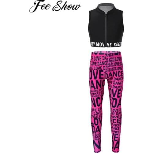 Kids Girls Ballet Dancewear Sets Sport Suits Workout Gymnastics Outfits Letters Print Sleeveless Tanks Crop Top With Leggings