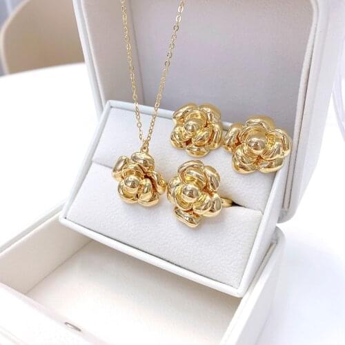 2021 Trend Retro France Camellia Necklace Set 14K Real Gold Earring Exquisite Luxury Earring For Women Terperment Accessories