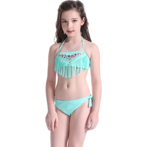 Halter Tassels Two Piece Swimsuit Teen Girls Bikini Teenage Girl Swimwear Swimming Dress Kid Bathing Suit Children Swim Suit Set