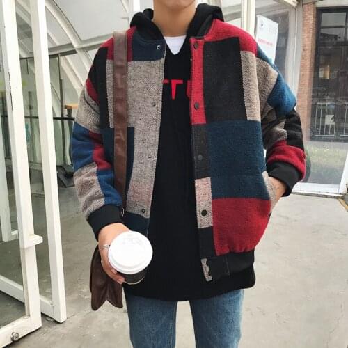 Woolen Plaid Bomber Jacket Men Fashions Hip Hop Streetwear Winter Jacket Men Coat