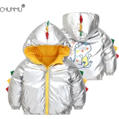 Boys Down Jacket Winter New Fashion Bright Hooded Thicken Warm Duck Down Coat Children Cartoon Dinosaur Padded Jacket Clothes