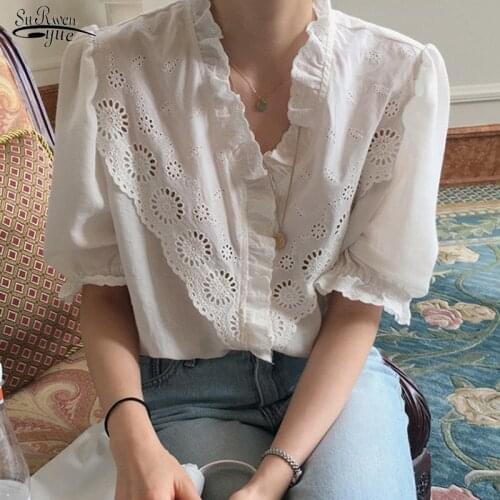 Summer Short Sleeve Ruffled White Blouse Korean Chic Sweet V Neck Lace Hollow Shirt Woman Women Clothing Office Lady Tops 14366