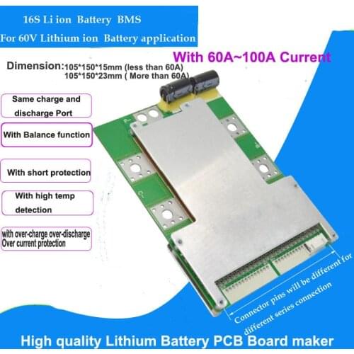 60V bms electric motorcycle li-ion battery BMS and 16S 67.2V lithium Battery PCB with 100A constant current