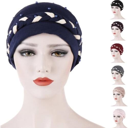 Muslim Women Stretch Braid Bead Hair Loss Turban Indian Hat Scarf Beanie Arab Caps Hijab Headwear Head Wrap Islamic Cover Bonnet