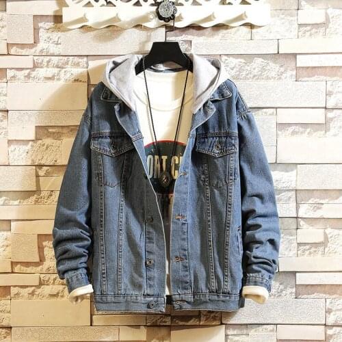 Mens Jackets Mens Spring Autumn Fashion Vintage Loose Hooded Denim Jacket Casual Washed Jean Jacket Coat Cowboy Outerwear Male