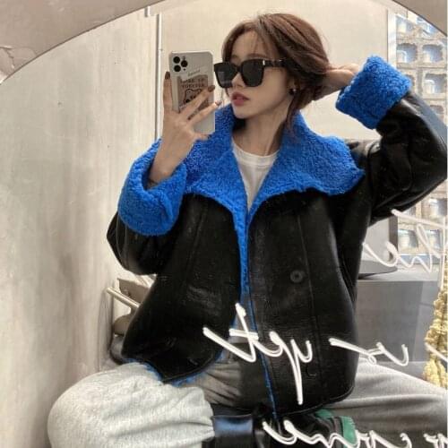 New European foreign style locomotive clothing jacket splicing loose top short fur integrated foreign style jacket for women