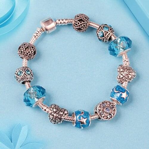 Leabyl New Arrival Fashion Blue Star Moon Diy Charm Bracelet an Silver Color Heart Bead Bracelet Fine Jewelry Gift Femme
