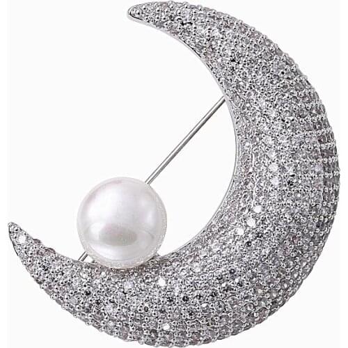 New Rhinestone CZ pearl crescent moon shawl pin brooch buckle fashion ornament accessories