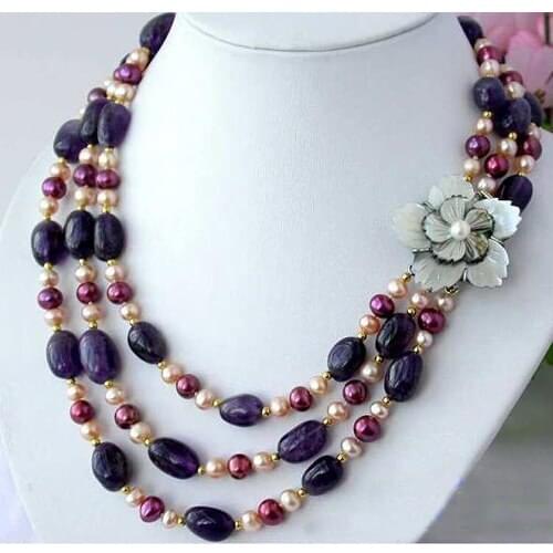 Freshwater Pearl Necklace,3Row Nature Ellipse Ame-thyst Round Cultured Pearl Jewellery,New Free Shipping