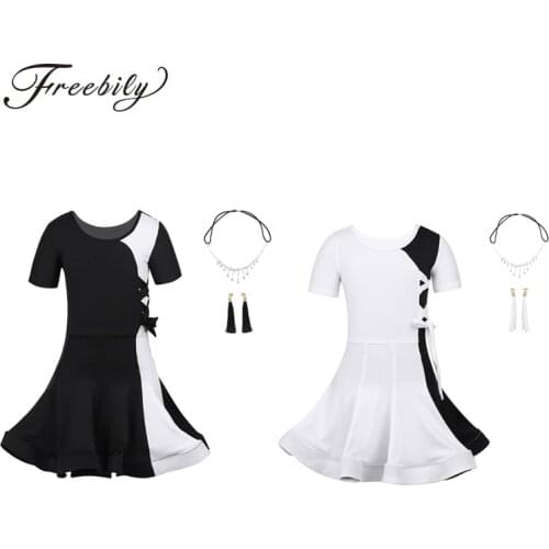 Kids Teens White black Latin competition Dress Fashion Girls Dancewear Ballroom Samba Rumba Tango Salsa Stage Dance Costumes