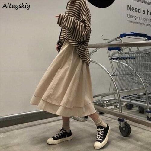 Skirts Women Korean Style Elastic Waist Summer New Elegant Retro Pure Loose All-match College Fashion Breathable Female Casual