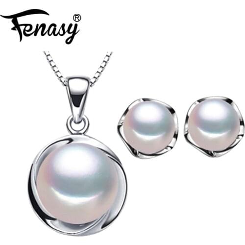 FENASY Pearl Jewelry Sets natural freshwater flower pearl Pendant Necklace 925 Sterling Silver stud earrings cute pearl earrings